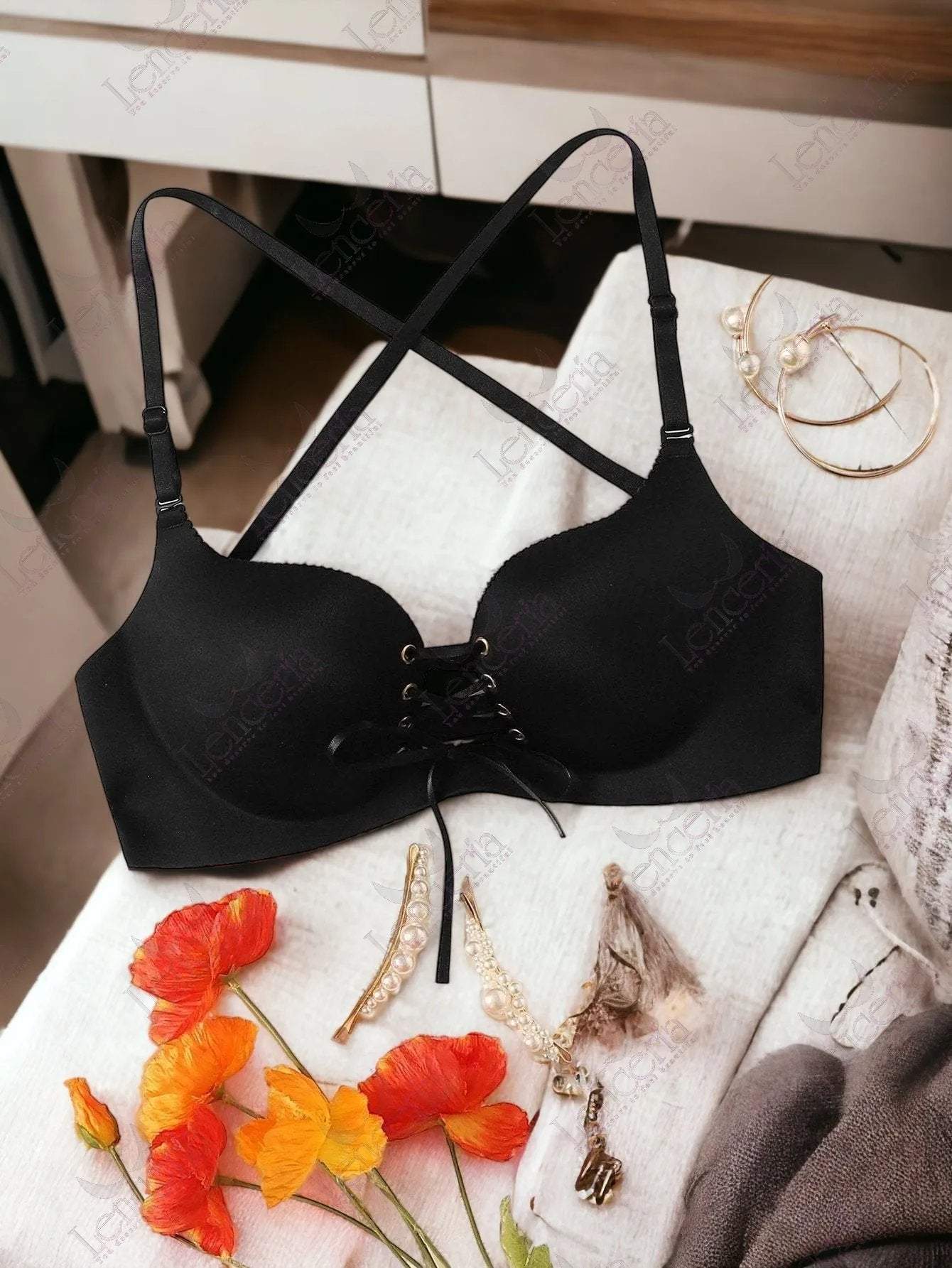 Black Cheriee lace up padded pushup plunge bra very sexy (c15)